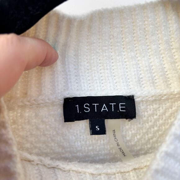 1.State White Pom-Pom Textured Cable Knit Sweater, Oversized, Cuff Sleeve Size S - Picture 6 of 6